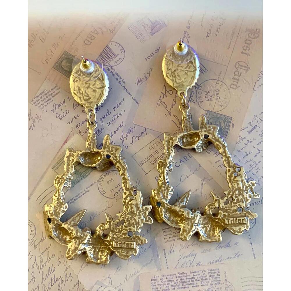 Hummingbird Flower Teardrop Dangle Earrings Teal Cabochon Statement Drop - Picture 3 of 4